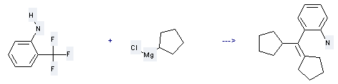 Magnesium,chlorocyclopentyl- can react with 2-Trifluoromethyl-aniline to get 2-(1-Cyclopentyl-2,2-tetramethylenevinyl)aniline